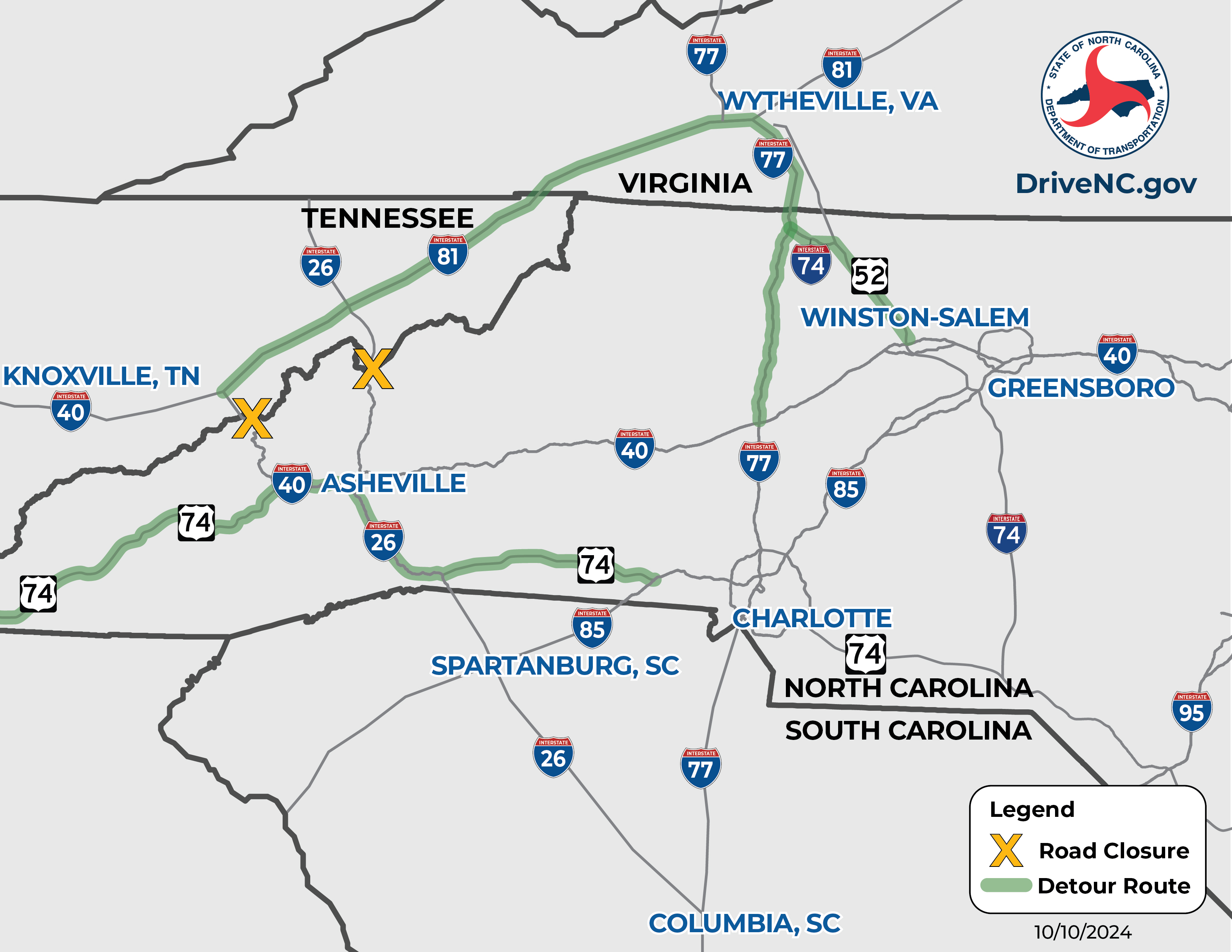 Dangerous Conditions in Western North Carolina - Access is limited to essential travel only. Use I-77 to I-81 S to Tennessee or I-77 to I-85 S to South Carolina